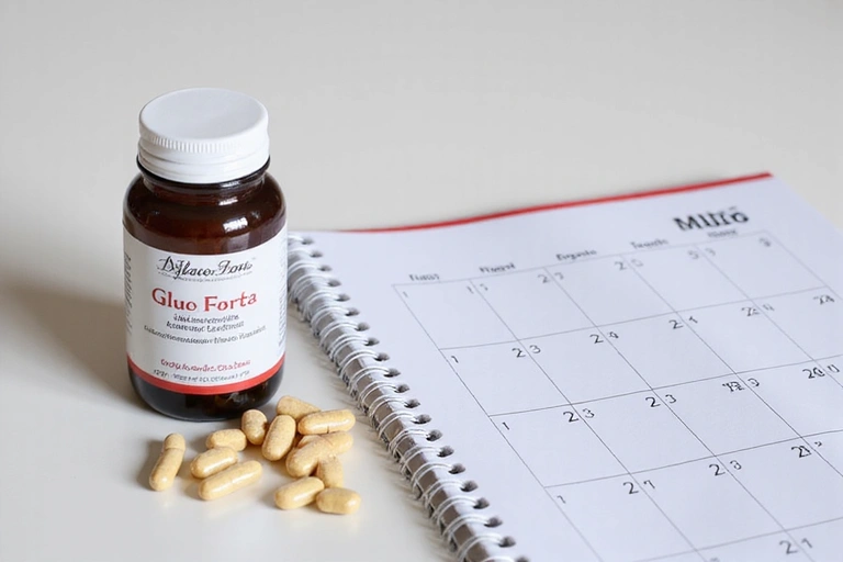 Flacon de GlucoFora cu capsule, lângă un calendar care arată 30 de zile.